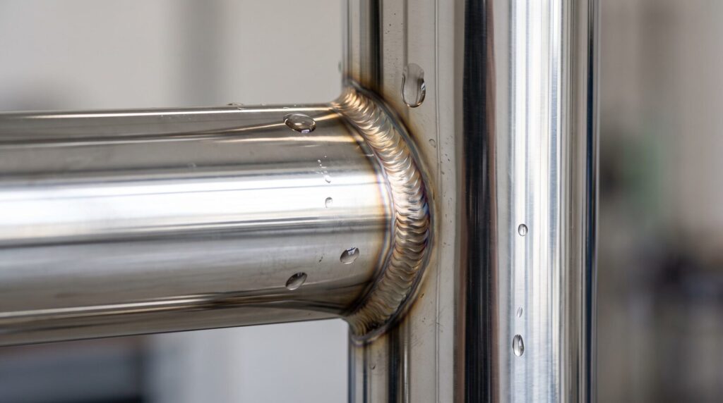 Polished stainless steel tube and welded frame joint in AISI 304 steel
