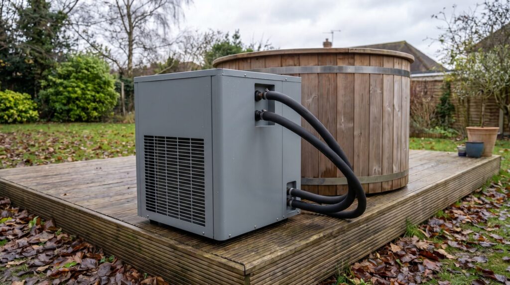 Chiller for active water cooling beside a wooden cooling tub