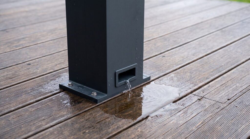 Base of a pergola post with the concealed downpipe of the drainage system