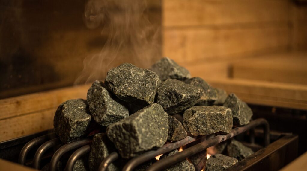 Dark olivine sauna stones resting on the body of a sauna heater