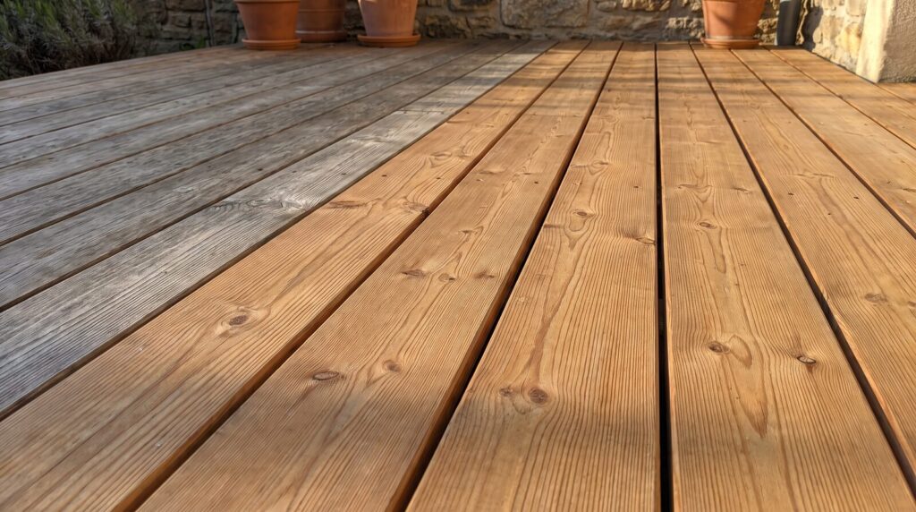 Siberian larch decking boards, part of the surface already weathered grey