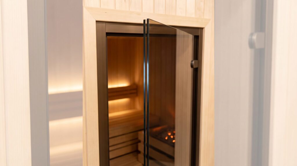 Sauna door of tempered safety glass in a slim metal frame